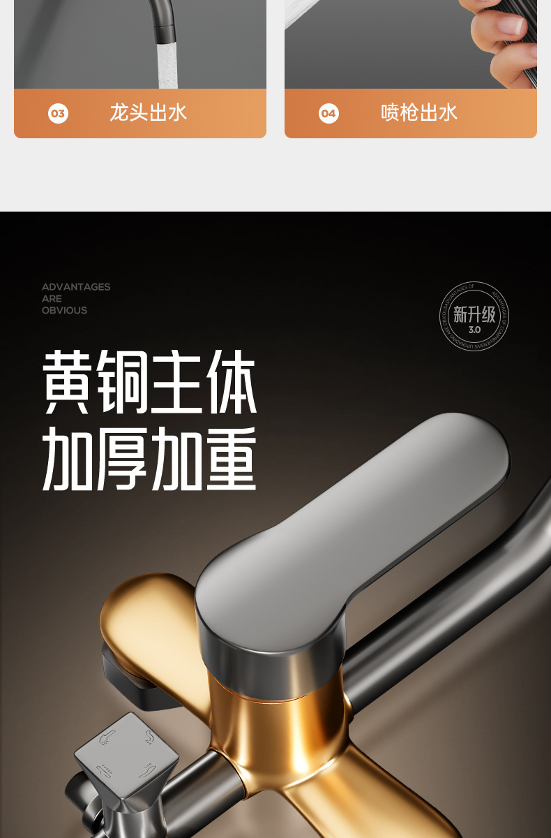 淋浴花洒套装家用卫浴增压枪灰全铜浴室卫生间沐浴洗澡花晒莲蓬头详情16