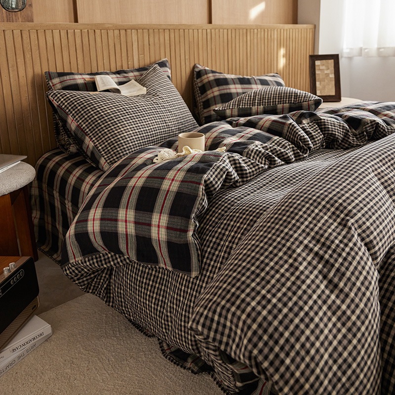 All-cotton Class A double-layer yarn four-piece set, double-layer yarn quilt cover and bed sheet four-piece set, pure cotton double-layer yarn checkered four-piece set pic 17