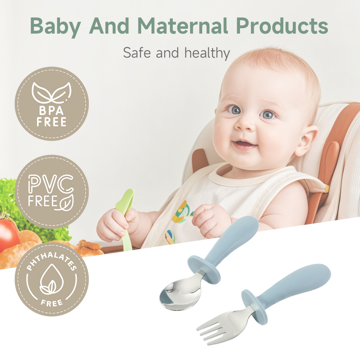 儿童餐具叉勺便携式304不锈钢创意圆柄宝宝吃饭训练喂养勺子叉子详情3