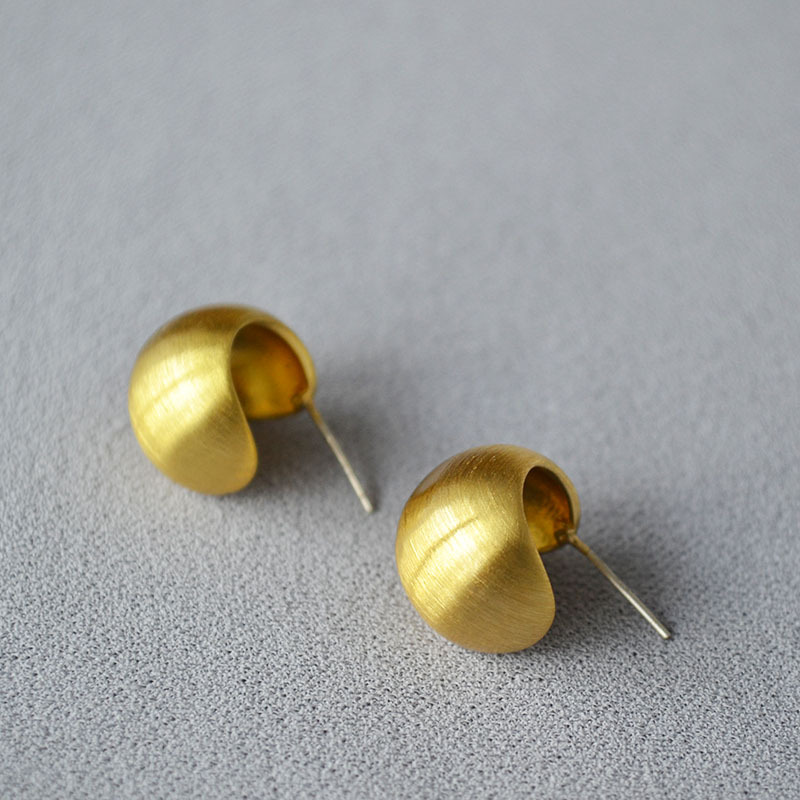 欧美小众设计黄铜空心半球拉丝镀金镀银ins高级感925银针耳钉耳饰详情8