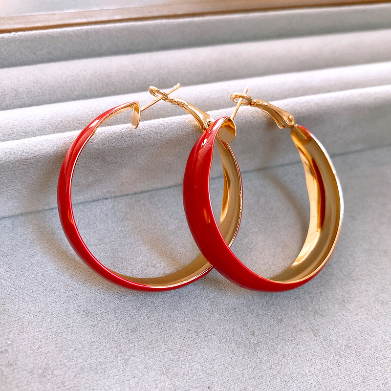 银针安可拉红色滴油宽面圆形耳环港风高级感耳圈简约气质潮流耳饰详情9