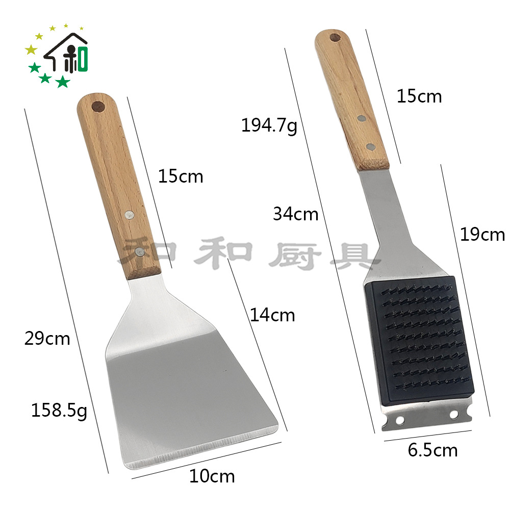 木柄不锈钢斜口料理铲煎铲烧烤铁刷烧烤工具铲子铁板烧炒牛排扒铲详情6