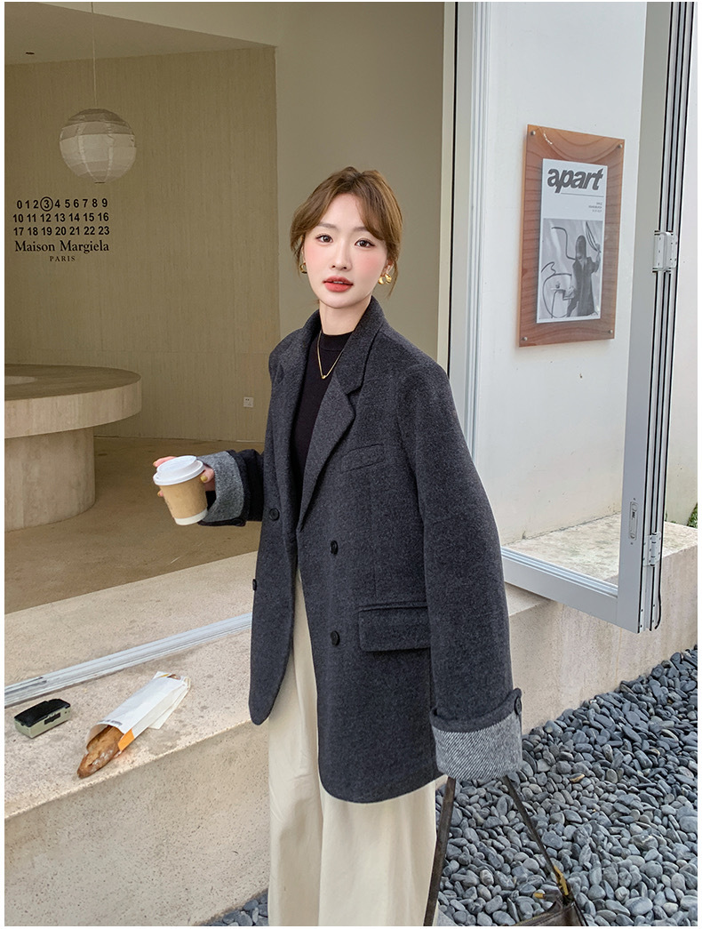 韩版时尚高级感棉衣外套女2024冬季新款双排扣百搭洋气毛呢外套详情6