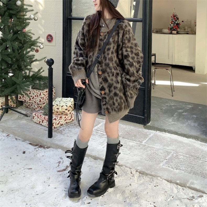 美式复古风宽松豹纹提花毛衣外套女2024秋冬加厚时尚休闲针织开衫详情5