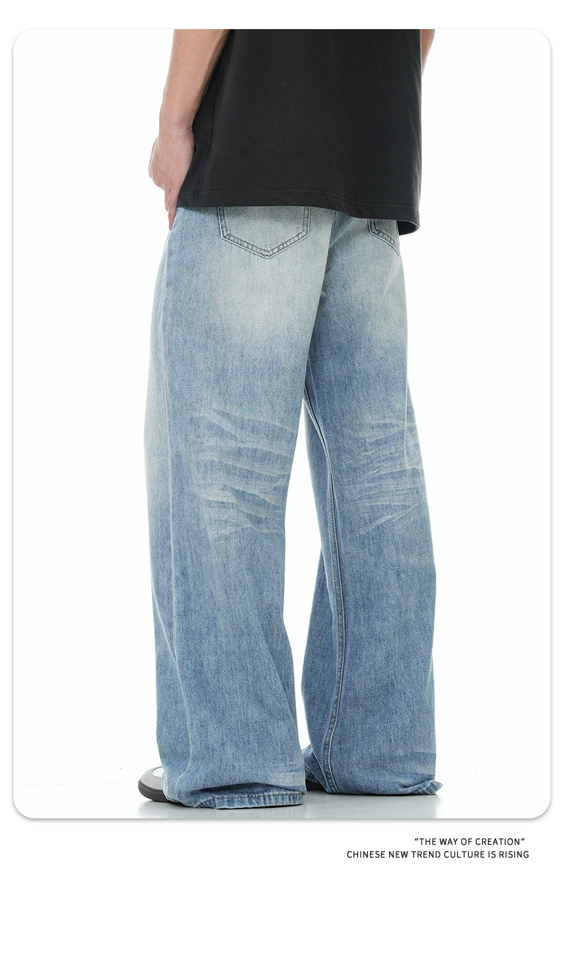 11KN American sunny blue soft jeans for men and women, retro cat whiskers washed for slimming, three-dimensional drape, loose and casual trousers pic 15