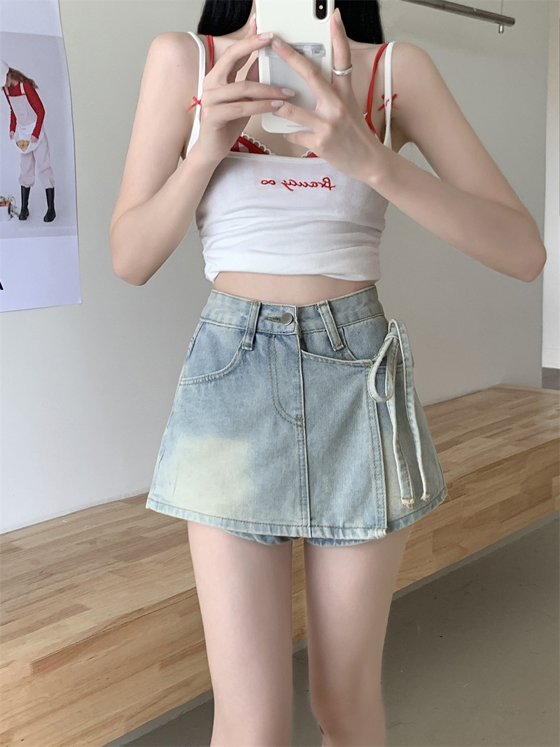 假两件牛仔短裤女夏季A字高腰不规则洋气绑带裙裤小个子辣妹裤子详情6