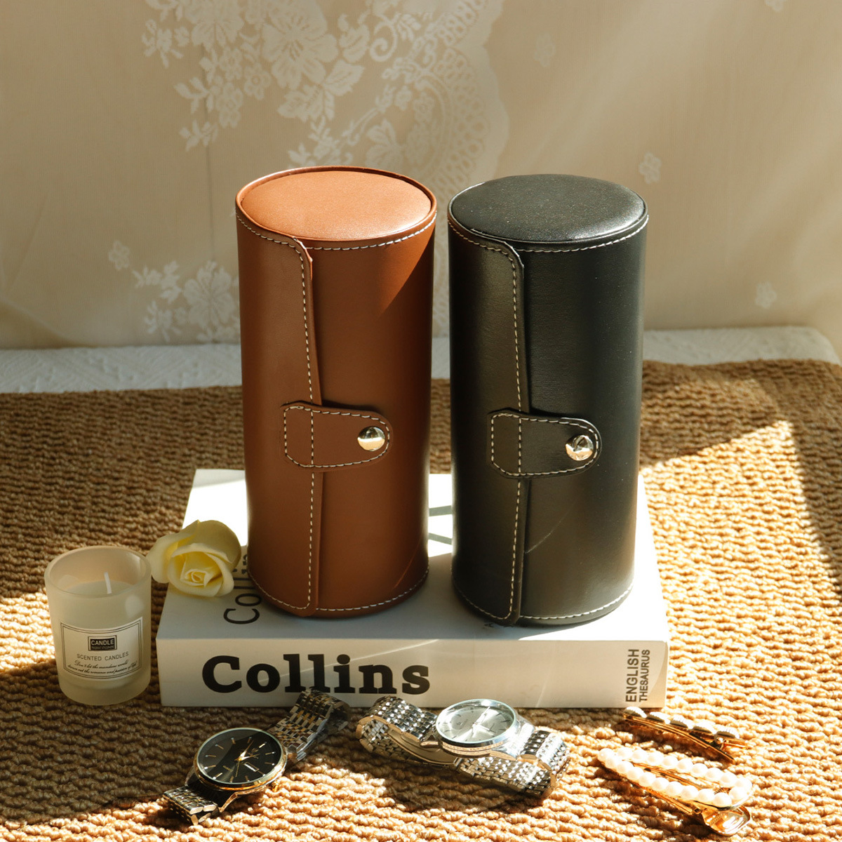 圆筒式防尘手表收纳盒便携腕表首饰盒简约皮质手链展示盒子手表盒详情5