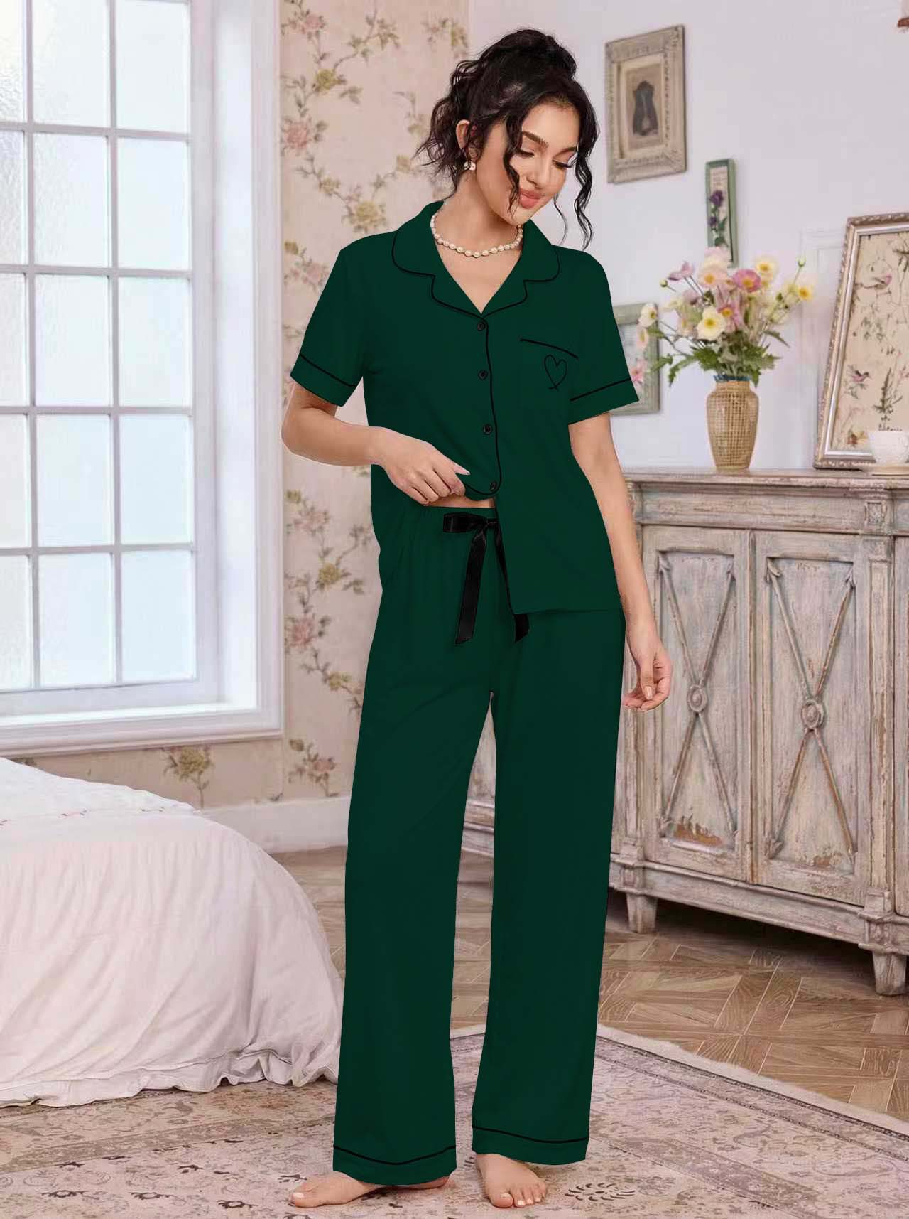 亚马逊欧美家居服套装翻领开衫短袖长裤爱心绣花睡衣女外贸独立站详情36