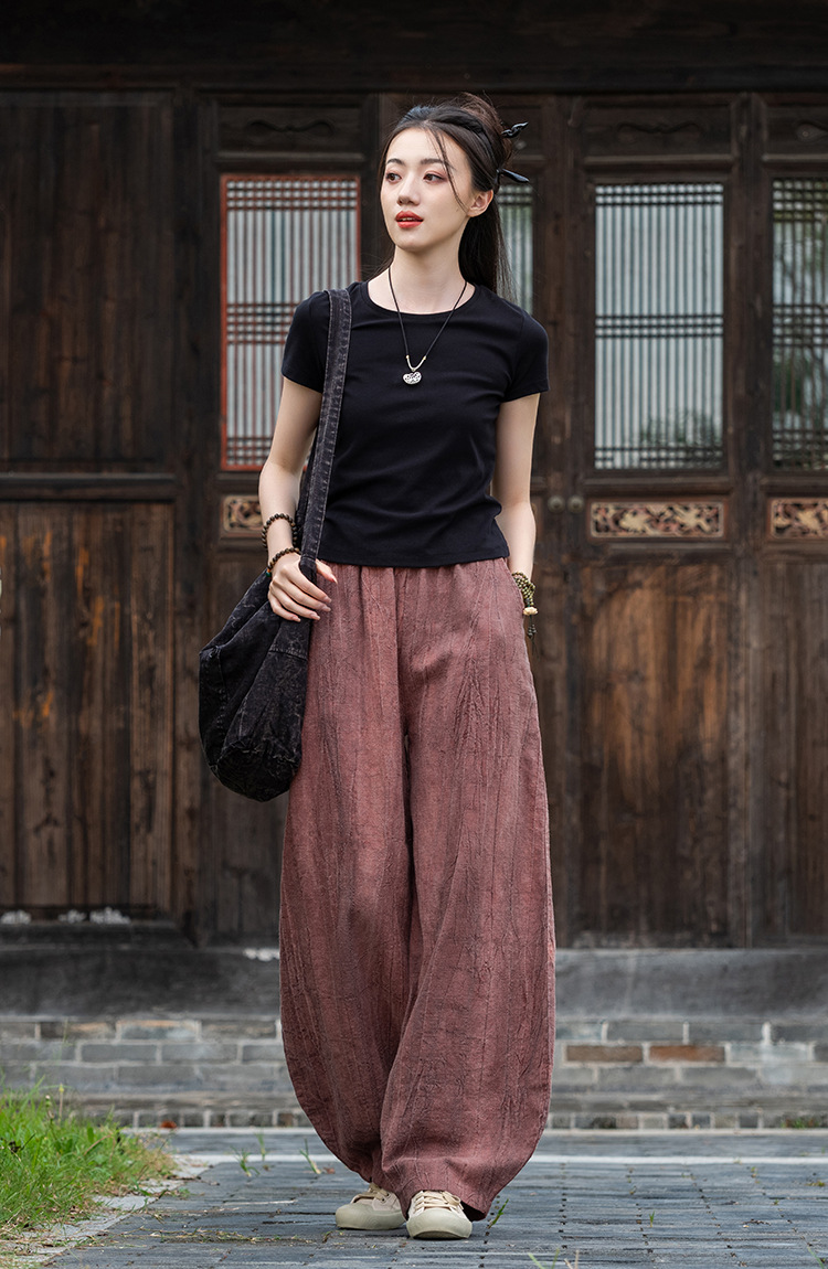 国潮-苎麻扎染做旧休闲长裤25新款棉麻女装中式禅修打坐裤女棉麻灯笼裤详情15