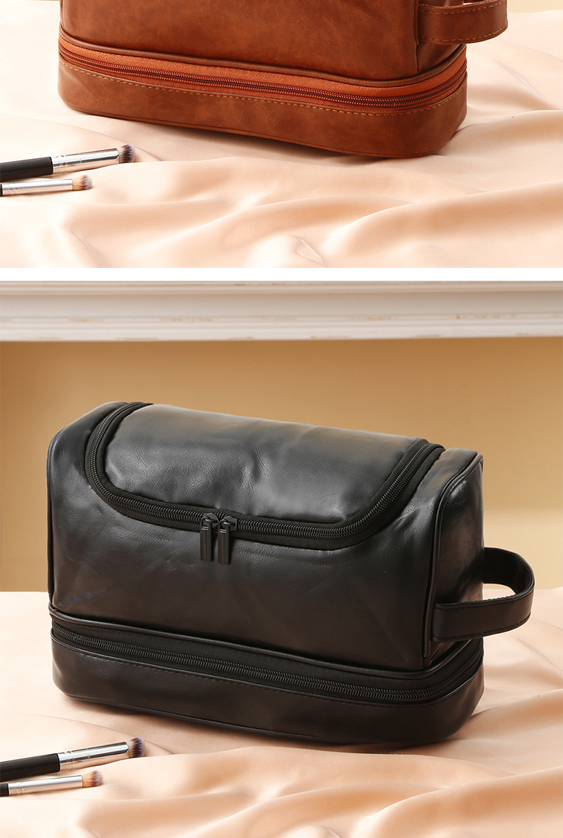 Customized business simple makeup bag, leather high-end feel, portable hand-held open-lid toiletry bag, high-end feel, waterproof for men pic 12