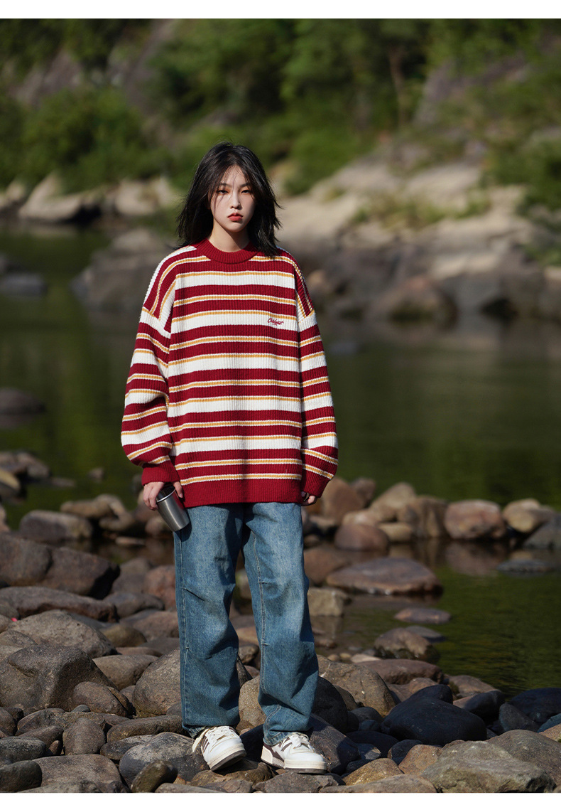 Retro color-blocking striped chunky knit sweater for both men and women, Japanese loose trendy round-neck knitted sweater jacket for autumn and winter pic 17