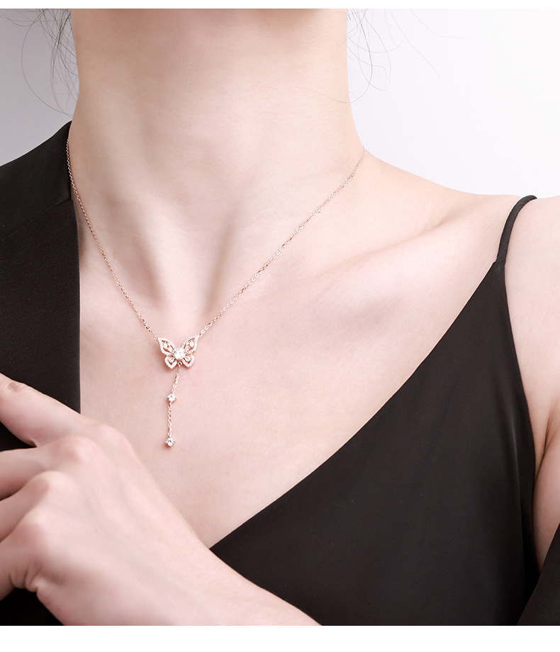 s925 sterling silver butterfly tassel Moissan collarbone chain, a niche and high-end, versatile accessory necklace, exuding a sense of sophistication for autumn and winter pic 10