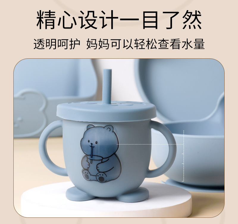 小熊硅胶辅食餐具套装宝宝硅胶吸盘碗母婴喂养婴儿围兜六件套详情4