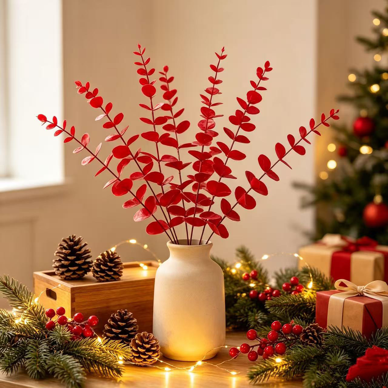 Christmas glove pendants, Christmas tree decorations, pine branches, snowballs, pinecones, and colorful lights embellish the background of gift boxes, creating a festive atmosphere pic 47