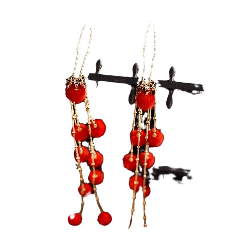 古风原创汉服秋冬毛球发饰少女百搭可爱长流苏珍珠发簪详情8