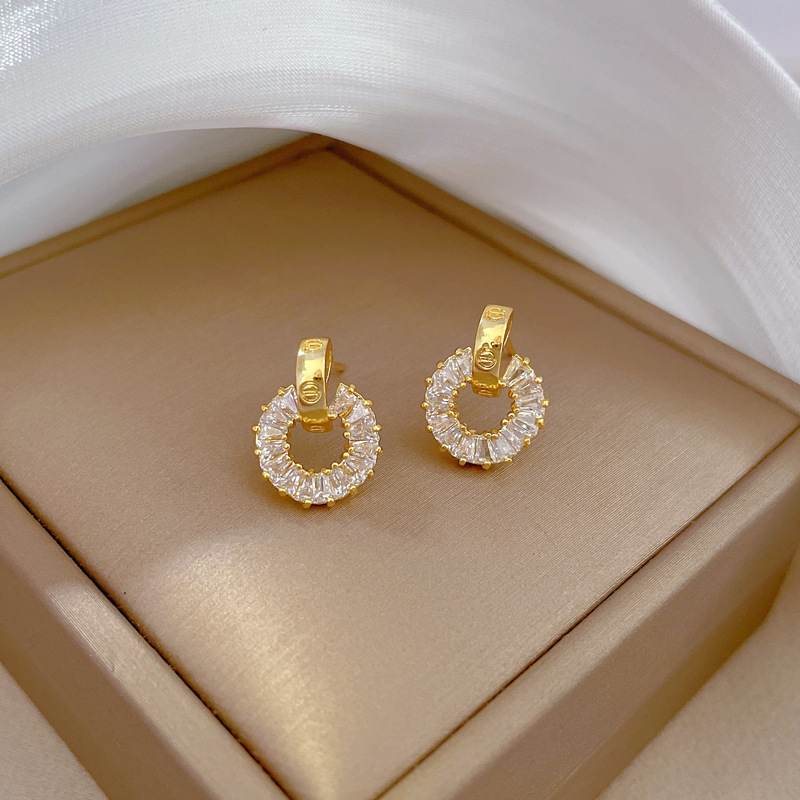 【钛钢】满钻圆环项链耳环套装轻奢微镶个性气质宴会耳饰项饰组合详情4