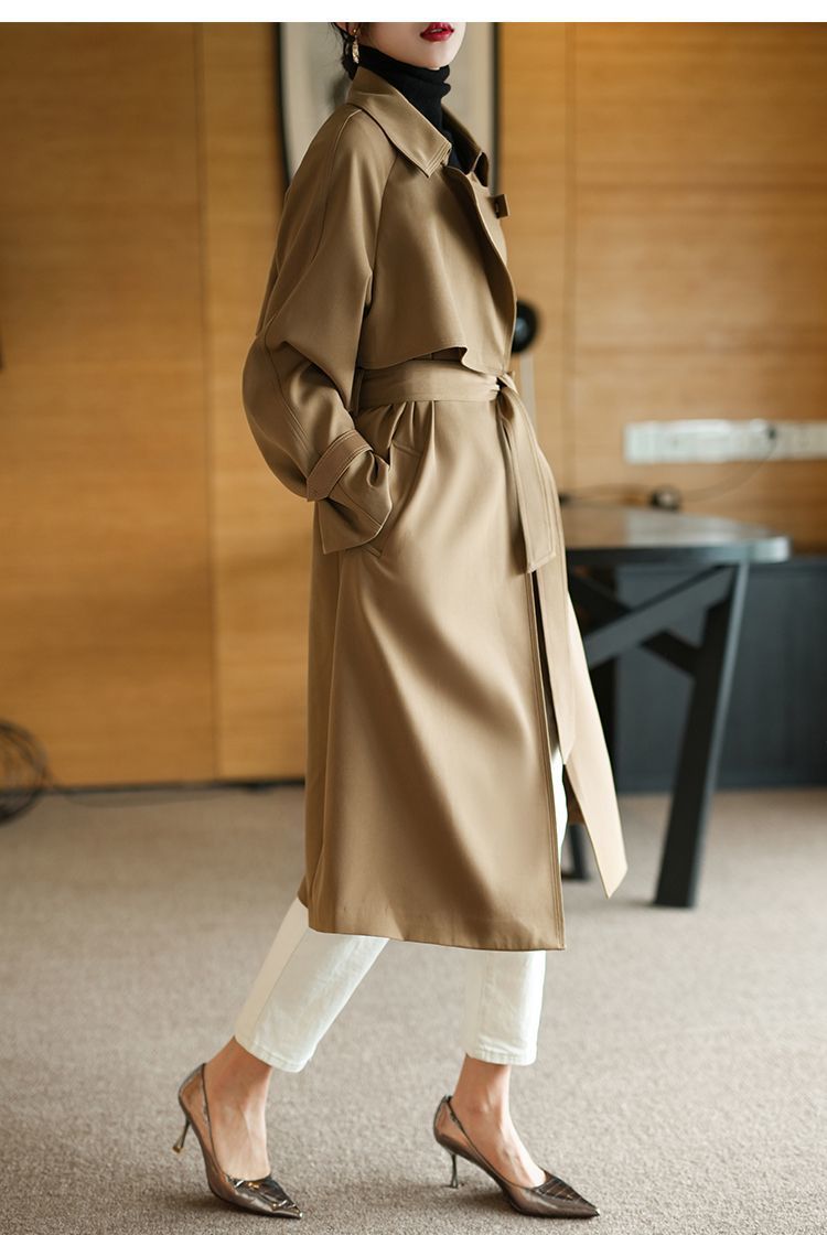 High-end and elegant long khaki trench coat for women in spring 2025, a loose, wrinkle-resistant and drape British style coat pic 8