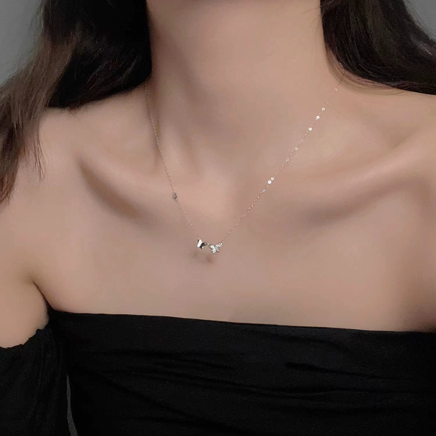 S925纯银双蝴蝶项链镶钻镀18K金ins轻奢气质高级感跨境热卖新款详情9