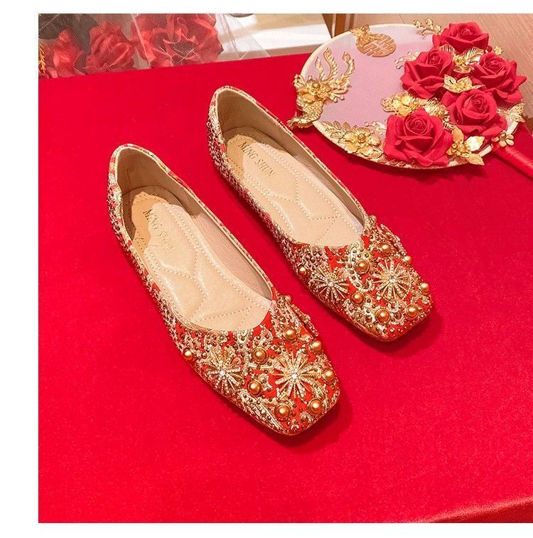 国潮国潮国潮中国风方头浅口红色婚鞋女低跟平底水钻软底防滑孕妇秀禾服新娘鞋国潮国潮详情11