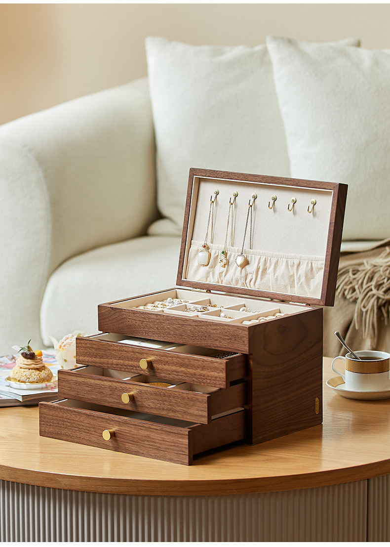 胡桃木首饰盒四层带金色锁扣带柜脚大容量珠宝收纳复古饰品收纳柜详情13