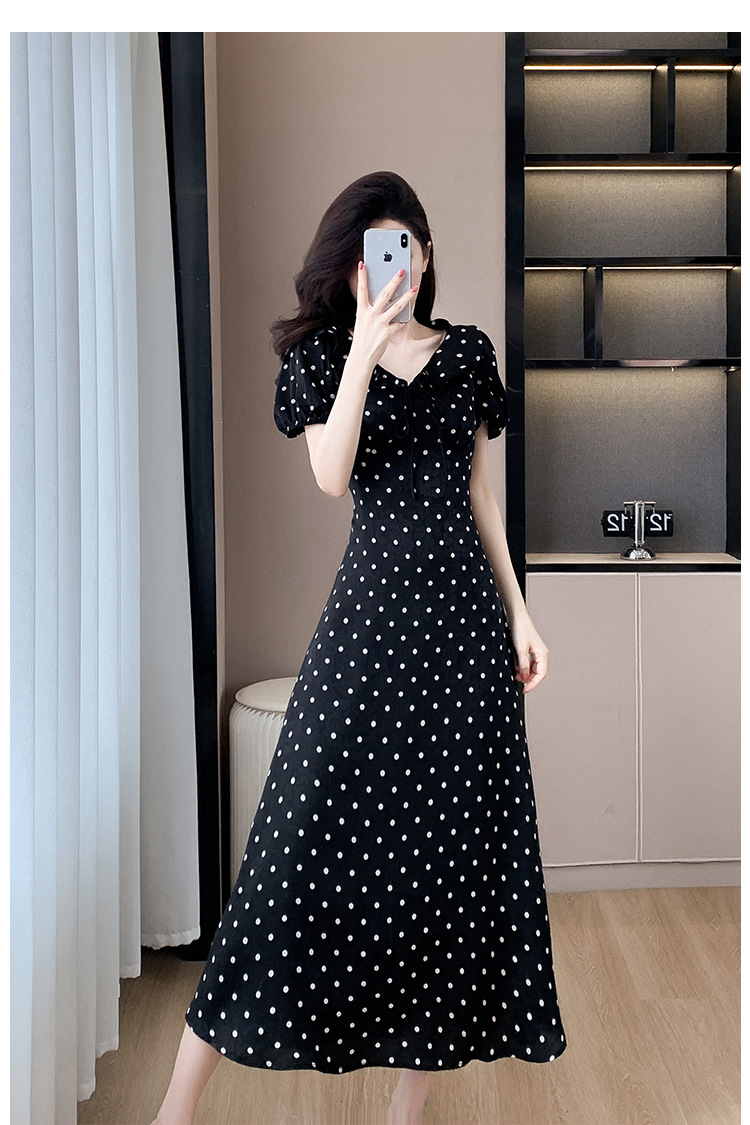 High-quality summer Korean-style sweet and slimming dress with lotus leaf collar, waist-cinching tie, puffed sleeves and jacquard polka dot pic 28