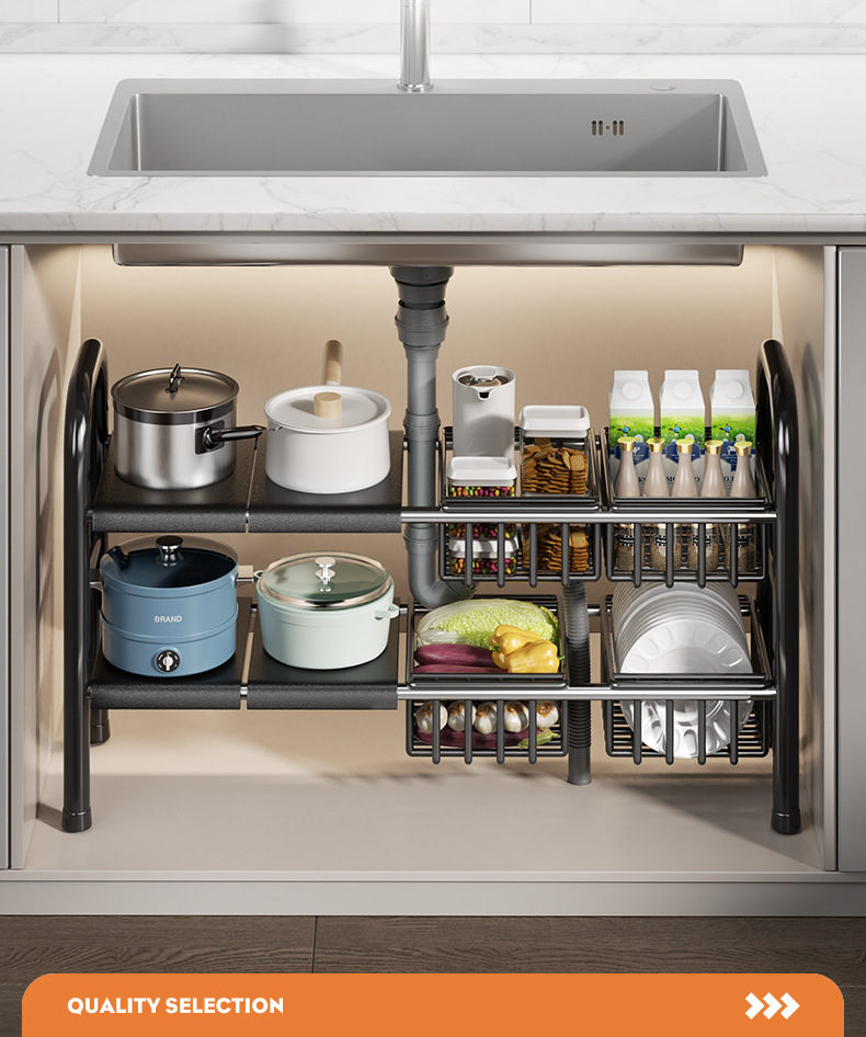 Customized sink, kitchen cabinet, layered telescopic storage rack, multi-purpose cookware storage, adjustable storage rack pic 7