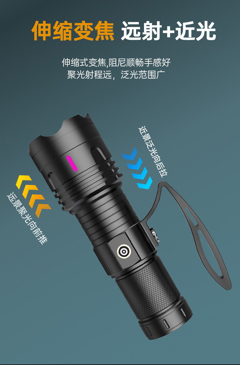 Cross-border high-power White Aurora flashlight, outdoor lighting, waterproof strong light, multi-functional emergency telescopic zoom flashlight pic 7