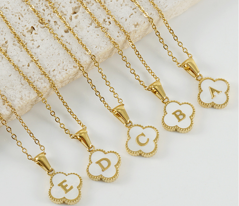 New four-leaf clover pendant stainless steel 18K gold necklace, InS-style European and American simple shell letter collarbone chain necklace pic 16
