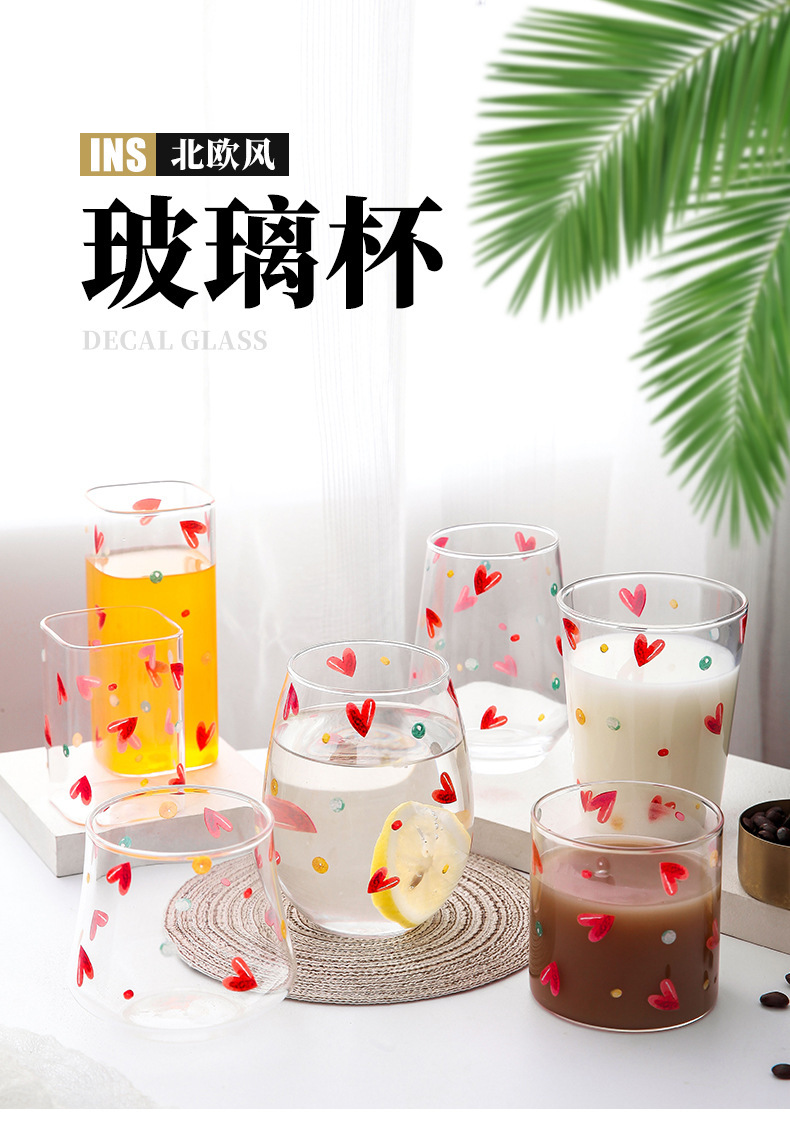 Transparent glass cups with creative heart-shaped milk breakfast cups, office household tea cups, and water cups with handles pic 1