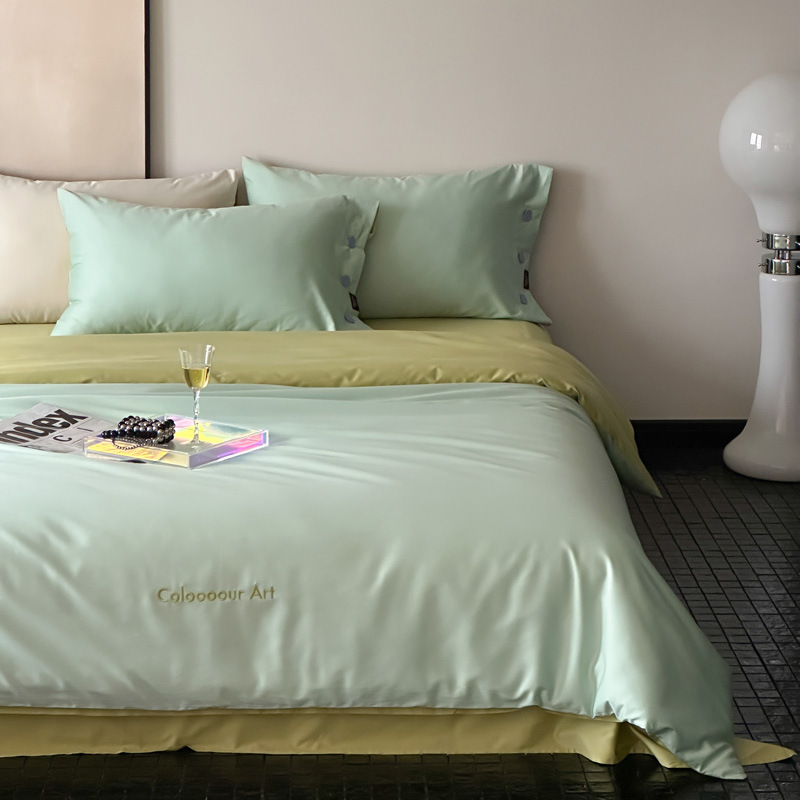 Simple, light luxury and fashionable solid-color long-staple cotton four-piece set, pure cotton letter-embroidered duvet cover, double bedding pic 76