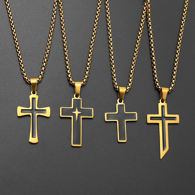 Cross-border European and American oil-dripping cross necklace for men, punk hip-hop simple and versatile long titanium steel necklace for both men and women pic 12