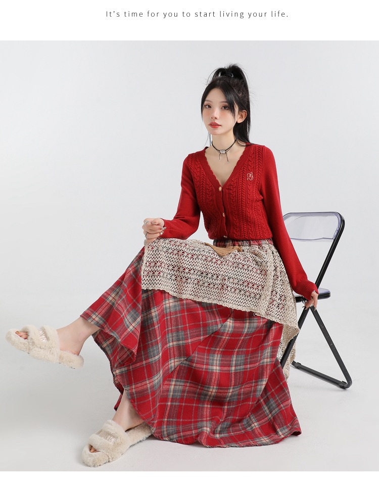 Forest-themed retro checkered skirt for women 2025 new autumn and winter design, irregularly pieced high-waisted A-line long dress pic 26