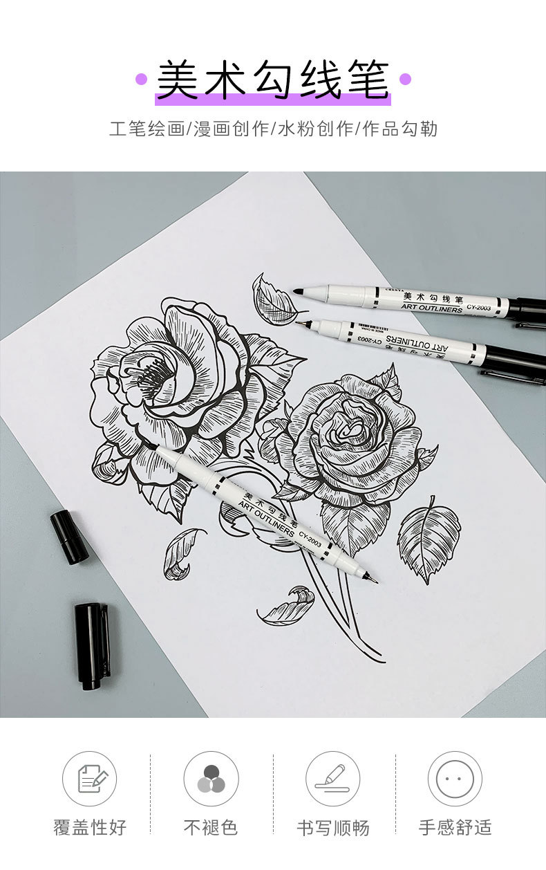 Small double-headed marker pen, black art outlining pen, two-end sketch oil painting outlining, thick and thin tip oil-based outlining pen pic 2