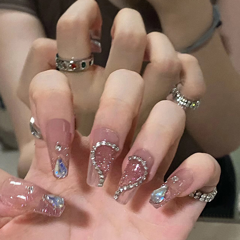 Wholesale of handcrafted wearable nails for Internet celebrities, medium and long heart-shaped diamond nail nail plates, nail patches, false nails, jelly glue pic 13