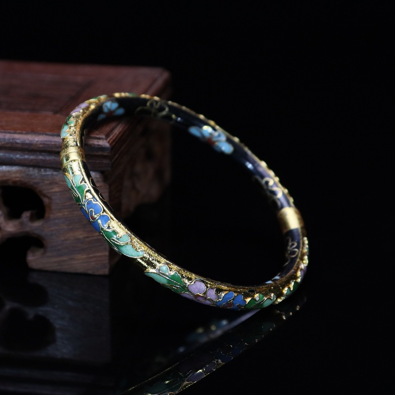 Beijing Cloisonne vintage collectibles, classical ethnic style copper body cloisonne enamel jewelry, gold base open bracelet pic 11