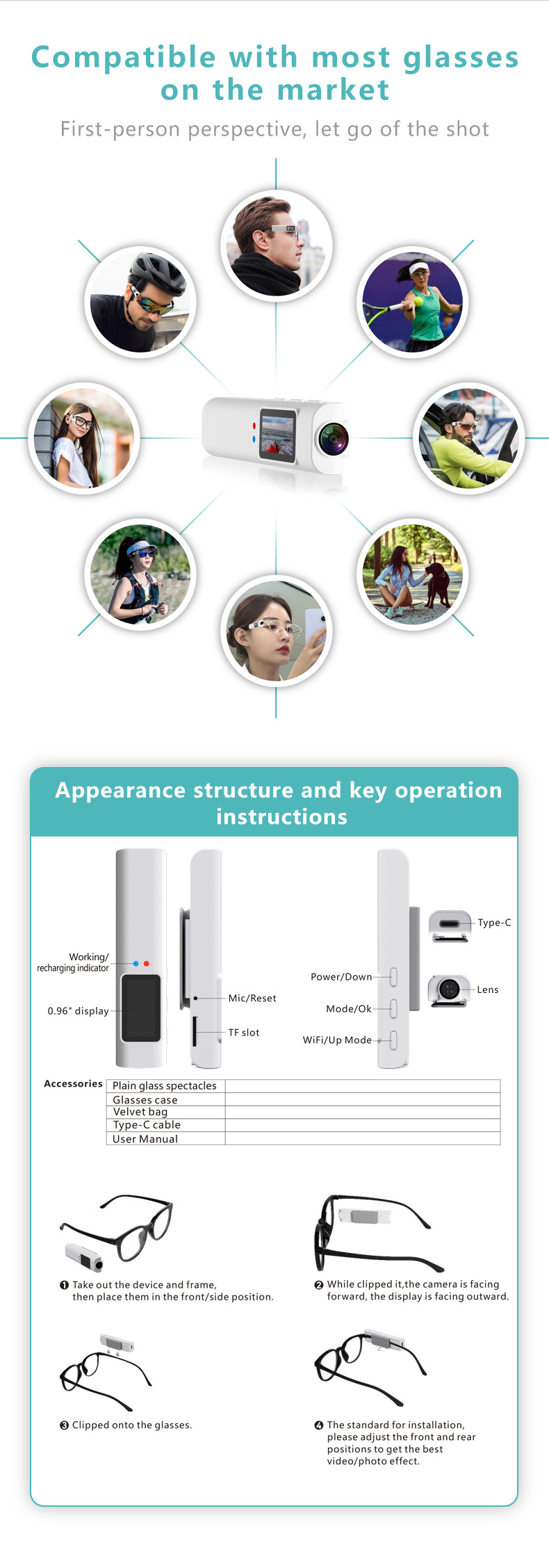 The new glasses action camera 1080P with WIFI view, video, DV, cycling and travel recorder S110 pic 7