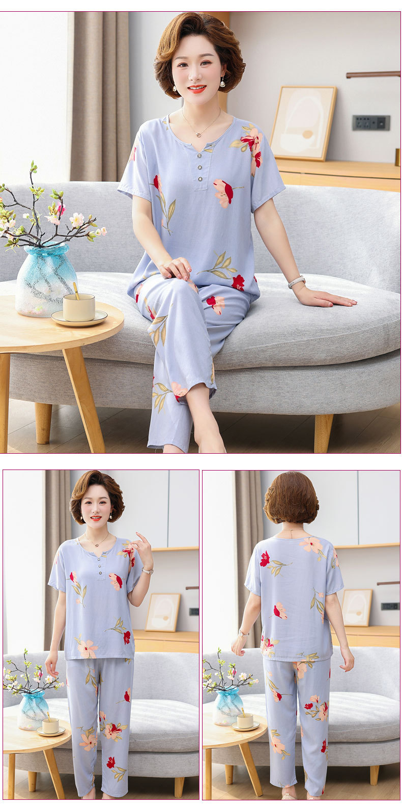 Cotton silk pajamas for women, summer short-sleeved suits, cotton silk for middle-aged and elderly mothers, large-sized artificial cotton home wear for women, suitable for wearing outside pic 11