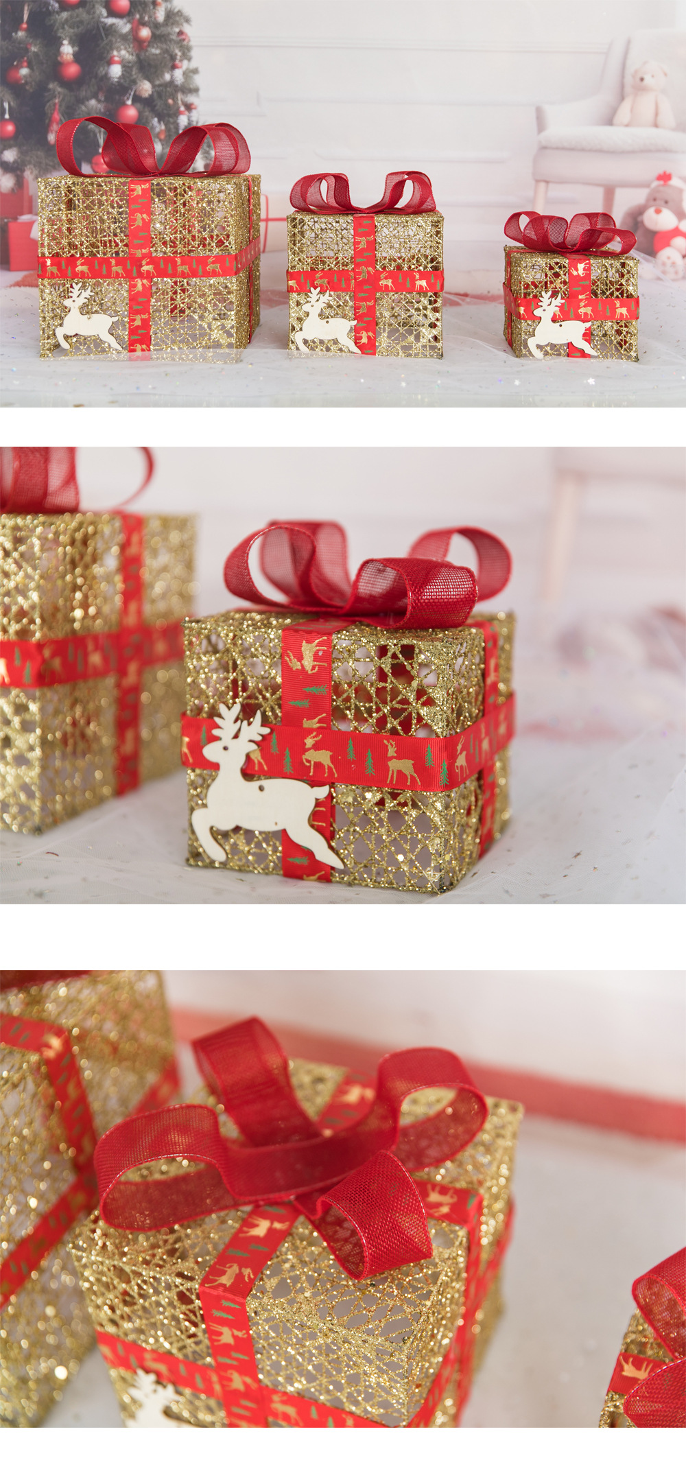 圣诞节闪粉铁艺礼盒三件套 圣诞道具厂家批发橱窗摆件圣诞礼盒详情2