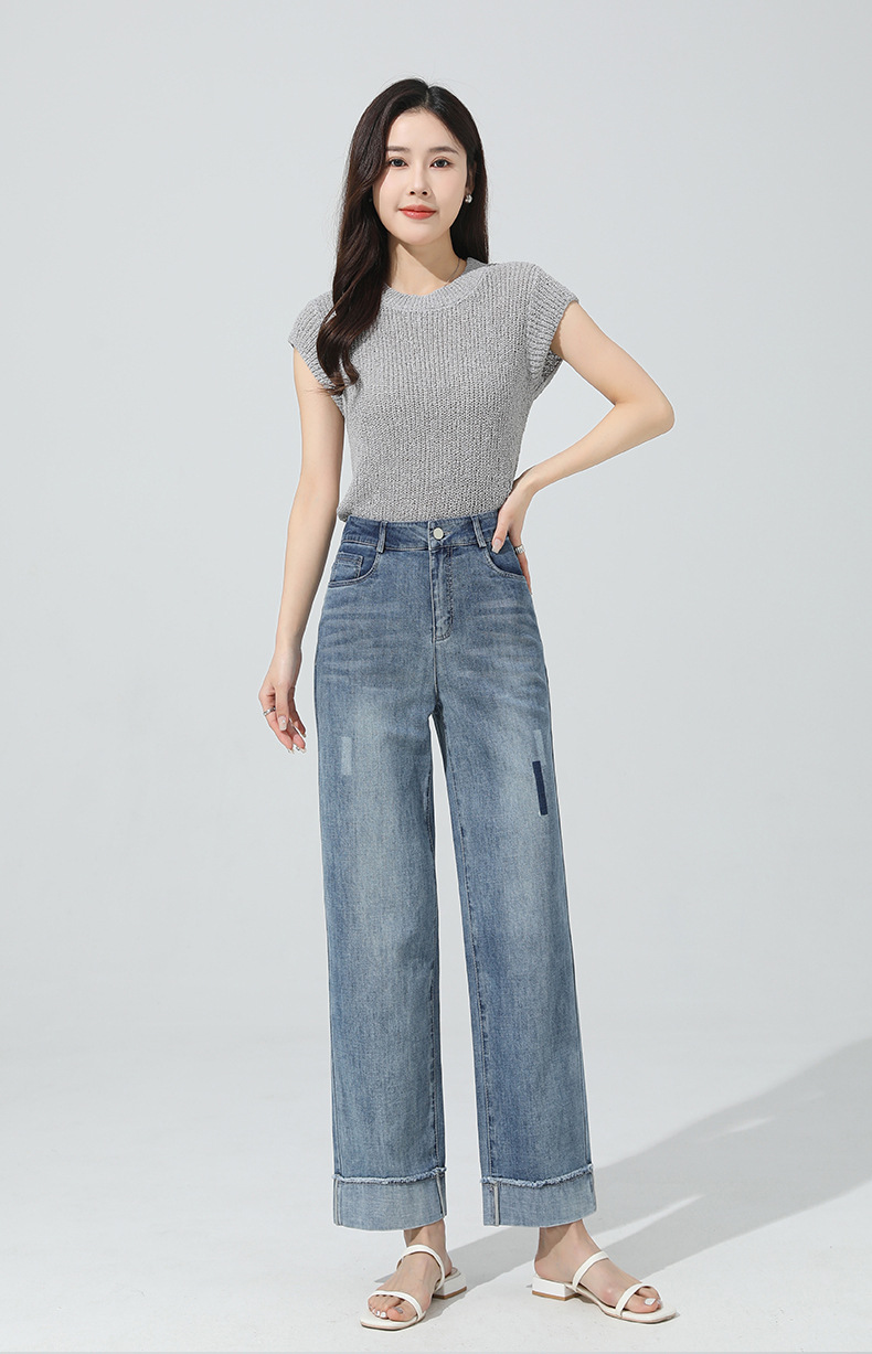 If 2026 Spring high-waisted denim straight egg roll pants for women with upturned fringed nine-inch narrow wide-leg pants 20153 pic 13