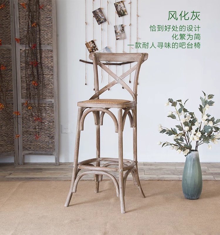 American retro trendy coffee shop solid wood chairs, simple tavern light luxury home bar chairs, high-legged backrest high bar stools pic 14