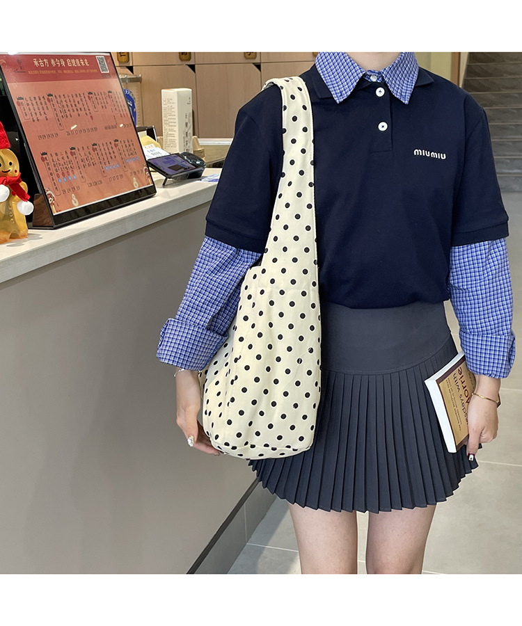 韩系小众ins牛仔帆布包休闲简约布袋大容量学生单肩托特包波点包详情12