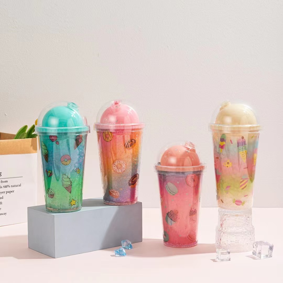 跨境爆款双层吸管杯冰淇淋便携卡通塑料杯少女心夏日碎冰杯详情1