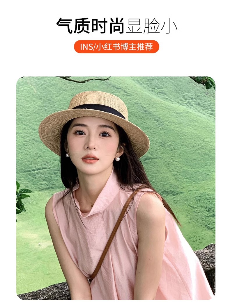 2025款法式平顶草帽女款大头围平檐海边沙滩度假礼帽大码编织礼帽详情8