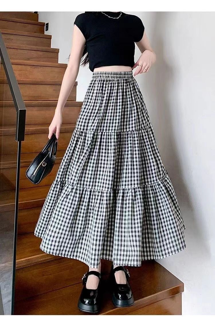 复古小格子半身裙女2025新款高腰a字长裙显瘦遮胯大摆伞裙蛋糕裙详情20