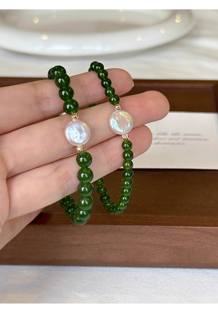 绿玉髓异形巴洛克淡水珍珠手链弹力可调节串珠小众新中式玛瑙手链详情9