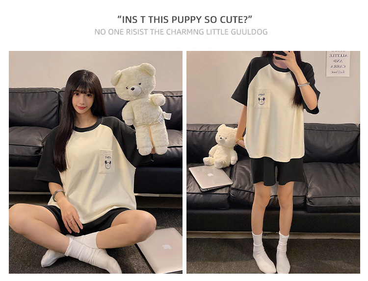 Spring and summer couple short-sleeved pajamas, women with chest pads, cartoon student home wear sets, shorts, stripes, 2025 pic 13