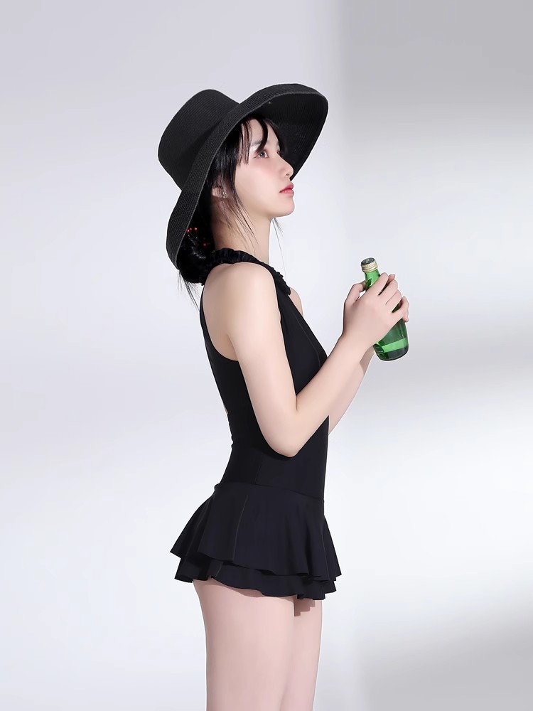 泳衣女新款连体韩系纯欲ins风裙式遮肚显瘦露背纯黑色泡温泉泳装107011详情10