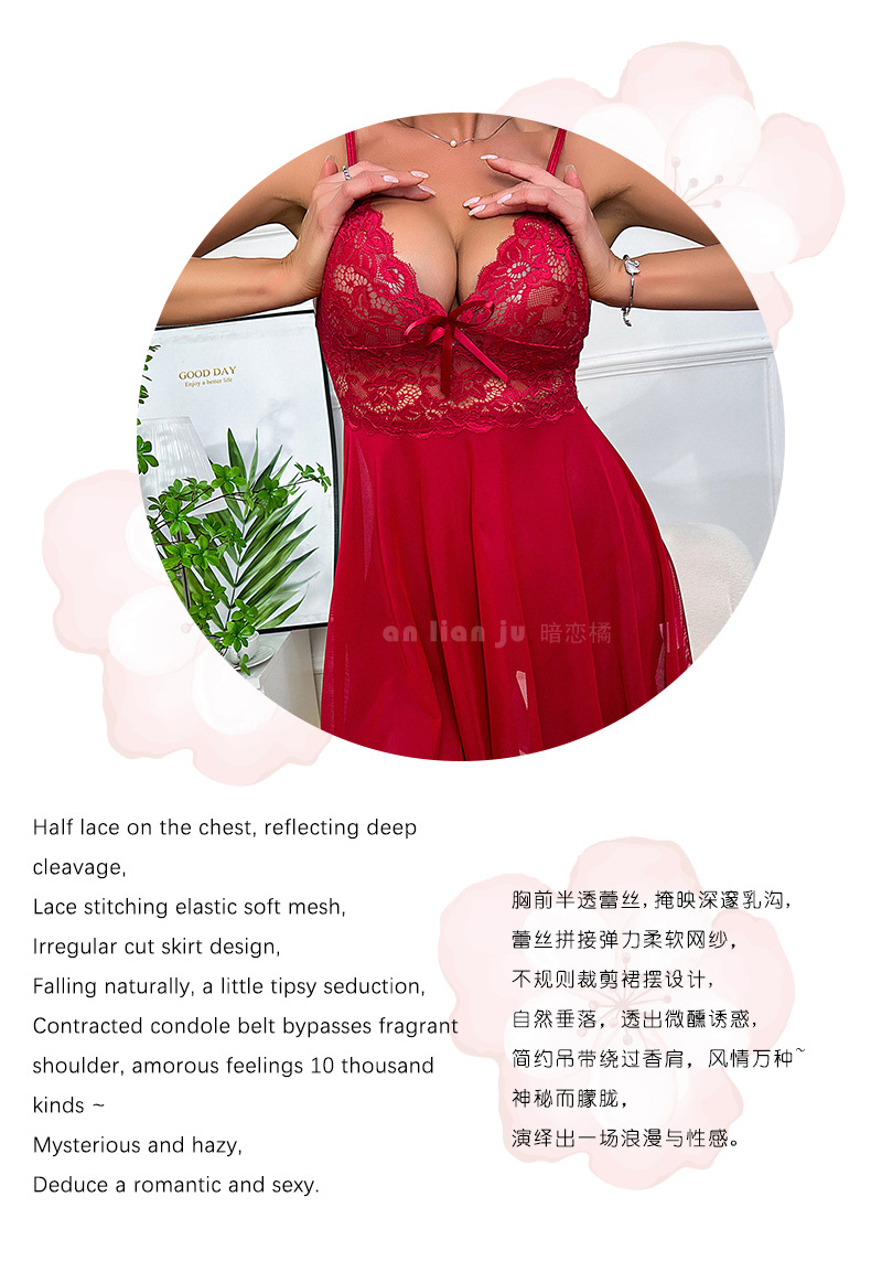 Cross-border underwear, mesh see-through irregular pajamas, lace cutout halter nightgowns, home wear 309, sexy pic 2