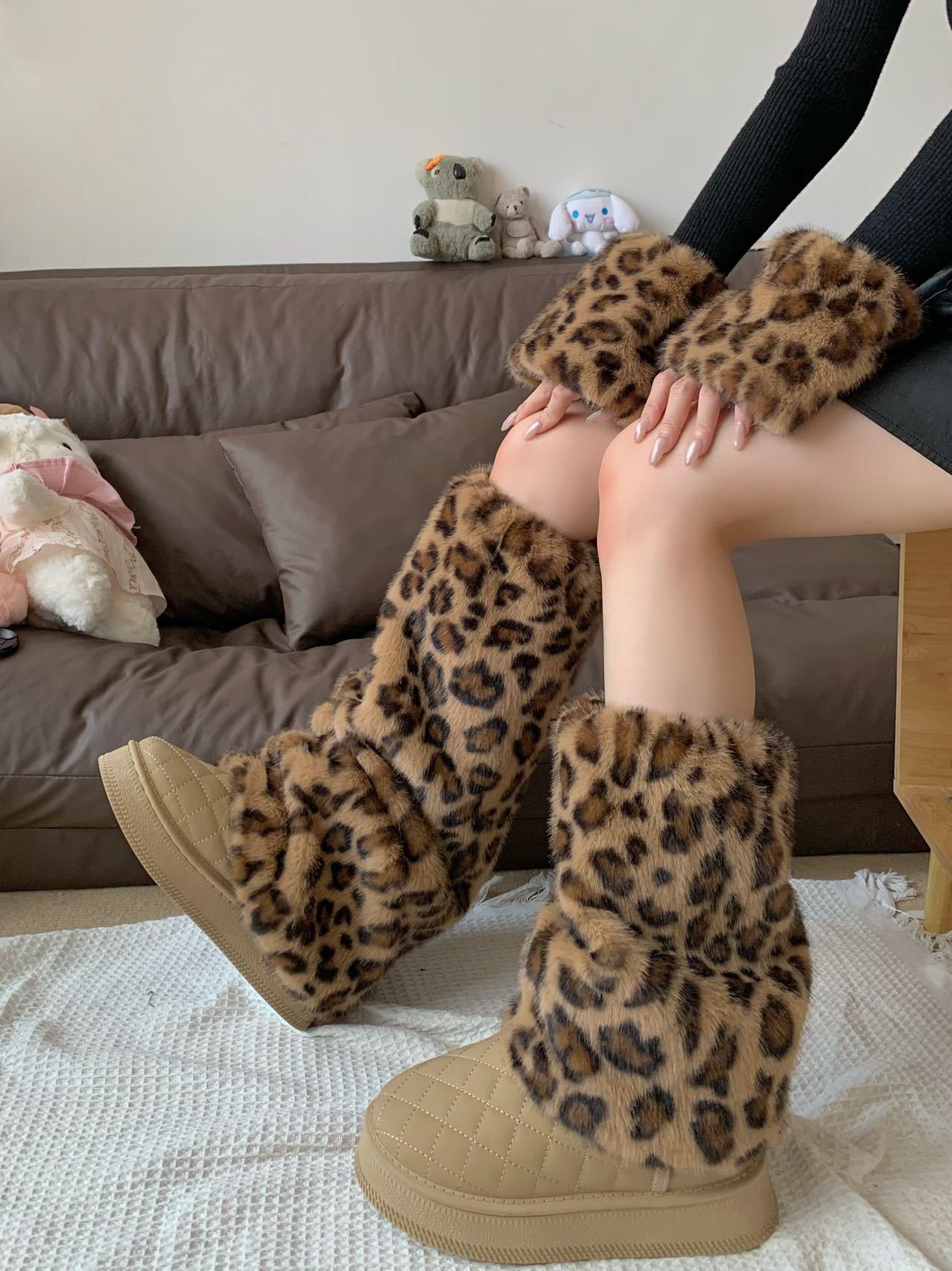 2025秋冬新毛毛袜套豹纹袜套女韩版加绒潮辣妹毛绒腿套保暖ins风详情3