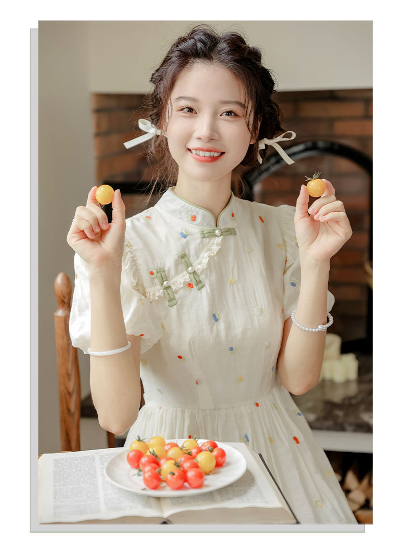Improved cheongsam, new Chinese-style retro button-up, petite puffed-sleeve dress for women, summer long dress for export pic 15